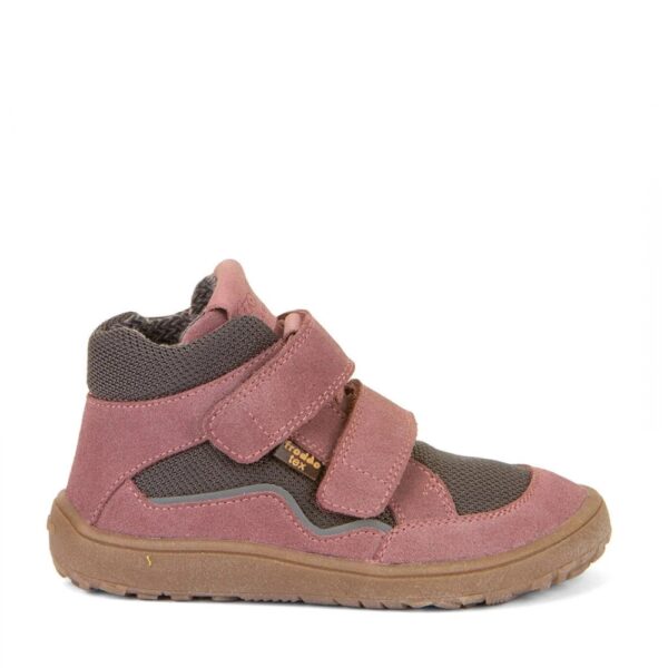 Froddo Barefoot Tex Autumn grey pink - but z profilu, dwa paski na rzep, tło białe
