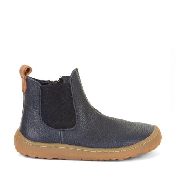 Froddo Barefoot Chelys dark blue - but widziany z boku, zamek błyskawiczny i uszko przy pięcie