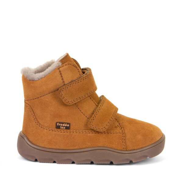 Froddo Barefoot Zeru Tex Furry cognac - pojedynczy but z boku, czubek w prawo, widoczne logo
