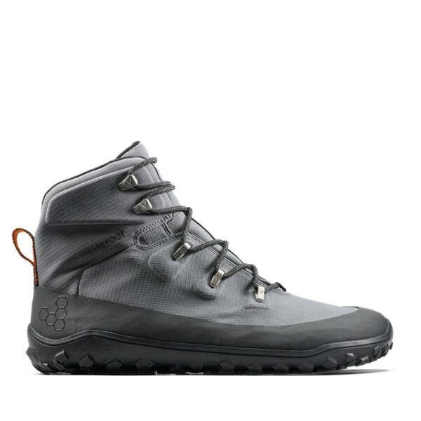 Vivobarefoot Tracker Textile AT Mens dark shadow - wysoki but w profilu, sznurówki z haczykami i gruba podeszwa