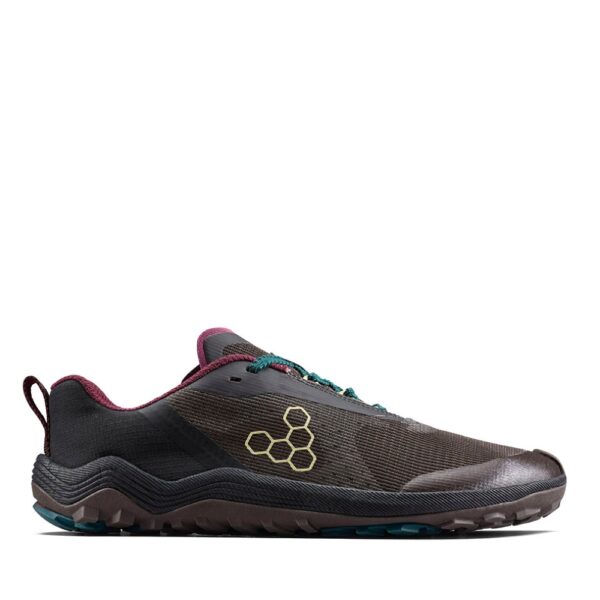 Vivobarefoot Primus Trail Flow Mens chocolate torte - but z boku czubkiem w prawo z widoczną podeszwą