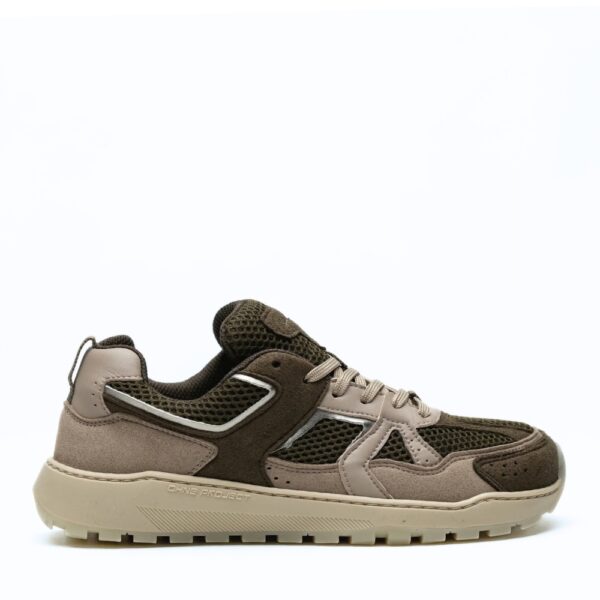Buty barefoot Ohne Project Retro Run sahara taupe - pojedynczy but z boku, widoczny napis na języku, jasne tło