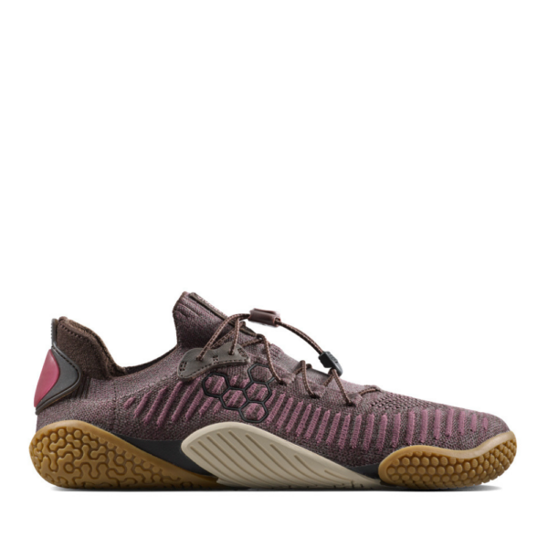 Vivobarefoot Motus Flex Natural Womens huckleberry - but z boku, sznurówki spięte suwakiem, widoczne heksagonalne logo