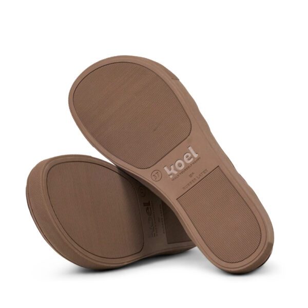 Koel Barefoot Helena Suede Print Beige bordo - dwie podeszwy ułożone po skosie, widoczny napis i oznaczenie rozmiaru