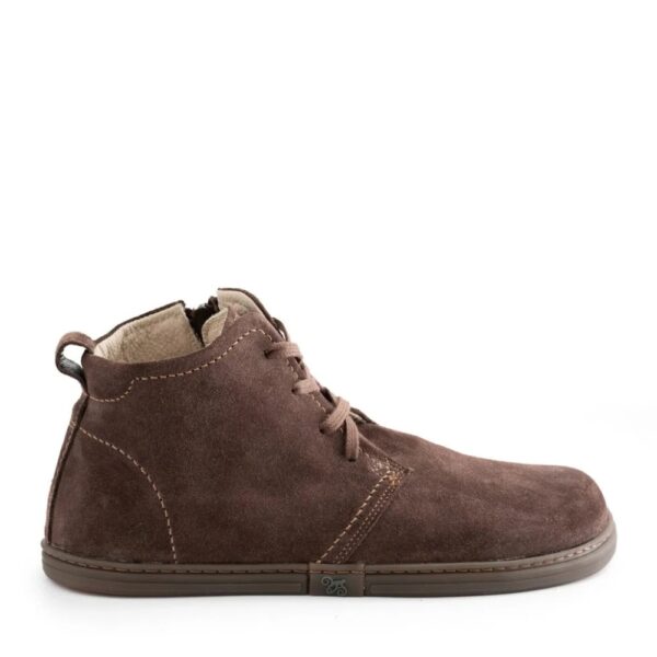Buty barefoot Magical Shoes Soho brown - pojedynczy but z profilu, z uchem na pięcie, sznurowany