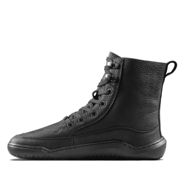 Vivobarefoot Gobi Boot II Womens obsidian - pojedynczy but z profilu, sznurowanie i uszko z tyłu widoczne