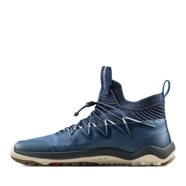 Vivobarefoot Primus Trail Flow Mid II Mens Deep Ocean - bok buta, sznurowanie z przodu, ściągacz przy kostce