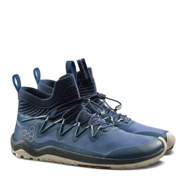 Vivobarefoot Primus Trail Flow Mid II Mens Deep Ocean - para butów ustawiona bokiem, jeden przed drugim